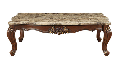 Dark Brown Genuine Marble & Solid Wood Coffee Table