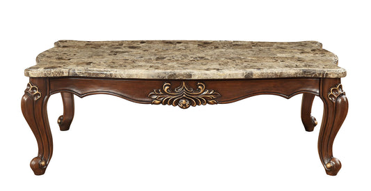 Dark Brown Genuine Marble & Solid Wood Coffee Table