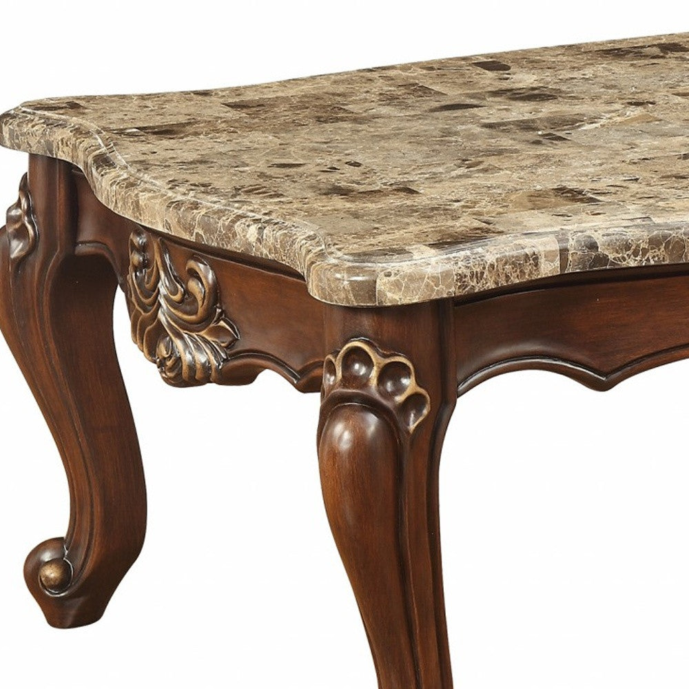 Dark Brown Genuine Marble & Solid Wood Coffee Table