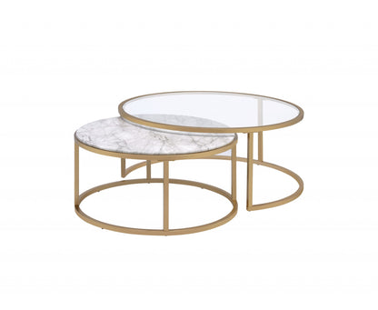 Clear White & Gold Glass Faux Marble & Iron Round Nesting Tables