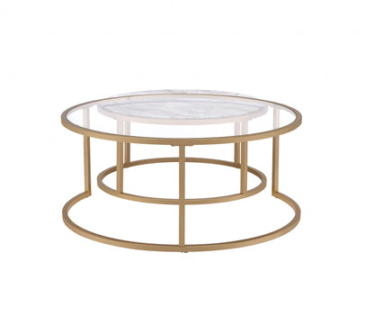 Clear White & Gold Glass Faux Marble & Iron Round Nesting Tables
