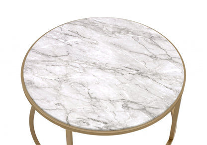 Clear White & Gold Glass Faux Marble & Iron Round Nesting Tables