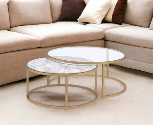 Clear White & Gold Glass Faux Marble & Iron Round Nesting Tables