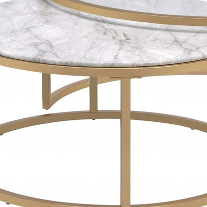 Clear White & Gold Glass Faux Marble & Iron Round Nesting Tables