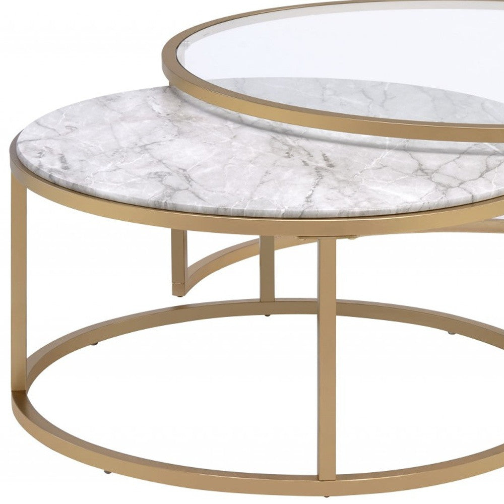 Clear White & Gold Glass Faux Marble & Iron Round Nesting Tables