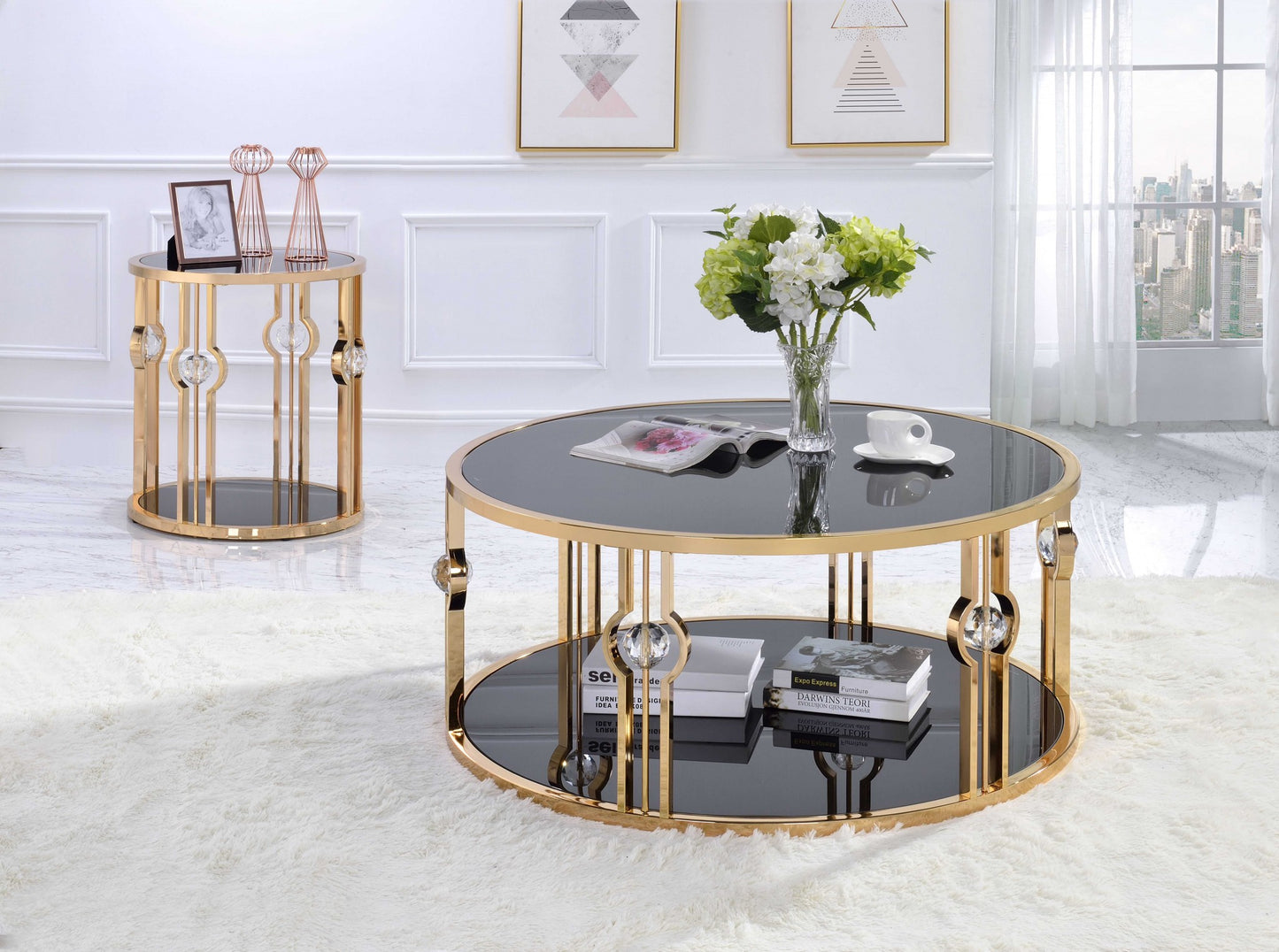 Metal Glass Coffee Table & Gold Black Glass