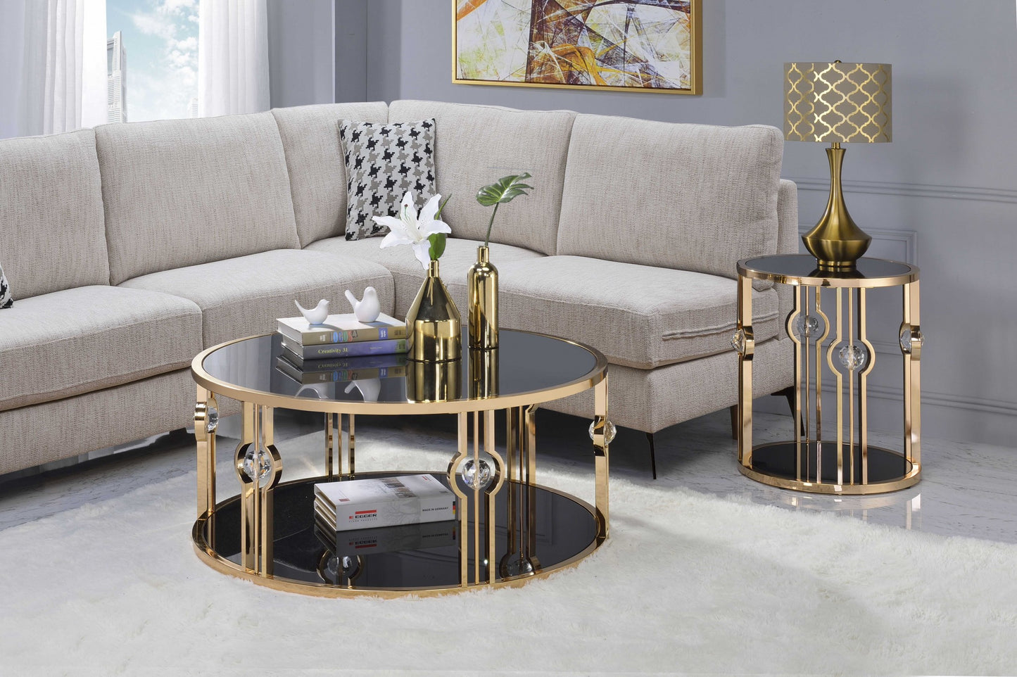 Metal Glass Coffee Table & Gold Black Glass