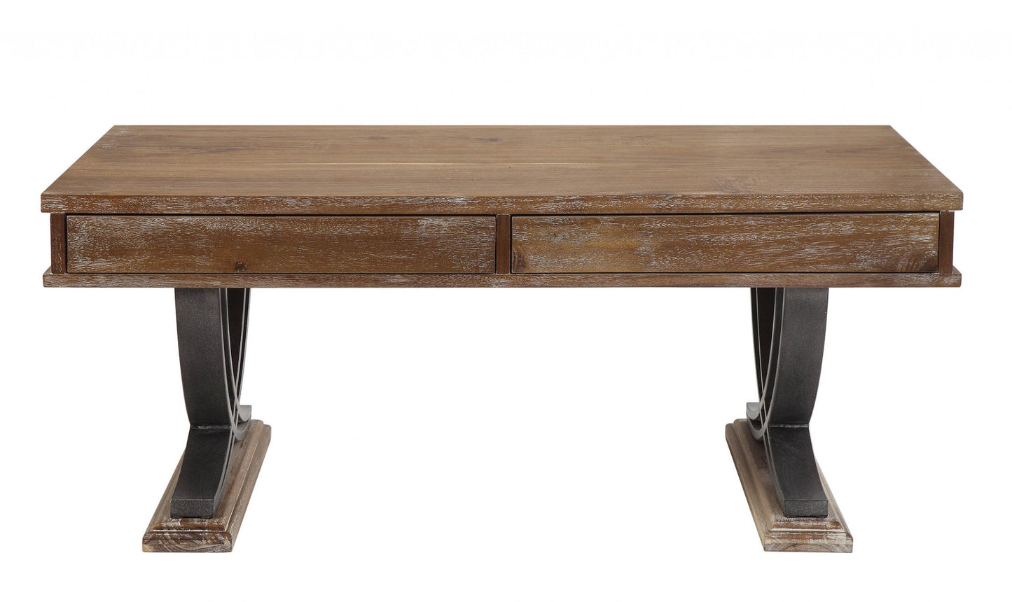 Industrial Style Antiqued Oak Finish Coffee Table w/ Black Accents