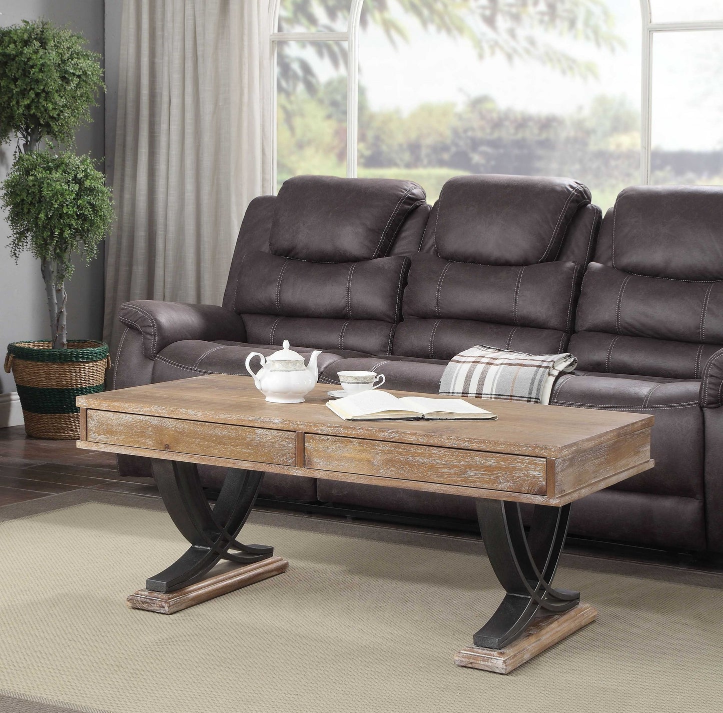 Industrial Style Antiqued Oak Finish Coffee Table w/ Black Accents