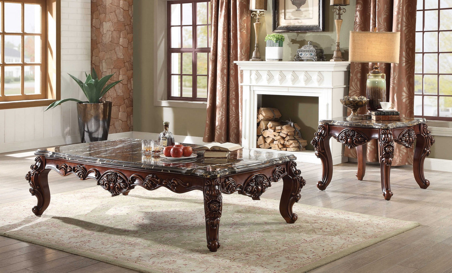 Dark Brown & Merlot Genuine Marble Coffee Table