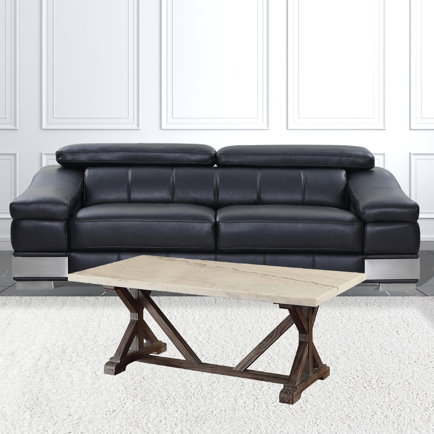 Brown & White Faux Marble & Solid Wood Coffee Table