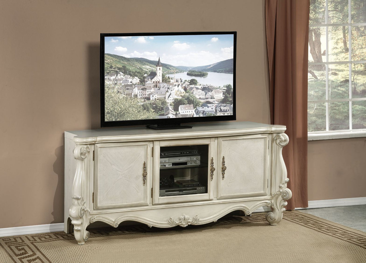Bone White Wood Glass Media Console