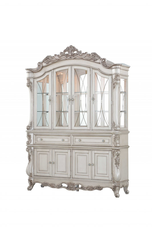 Antique White Wood Glass Mirror Hutch Sideboard