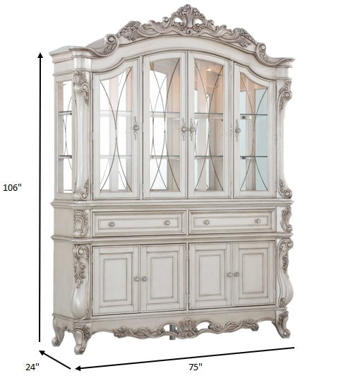 Antique White Wood Glass Mirror Hutch Sideboard