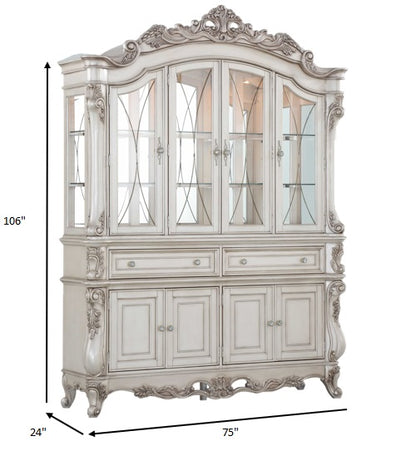 Antique White Wood Glass Mirror Hutch Sideboard