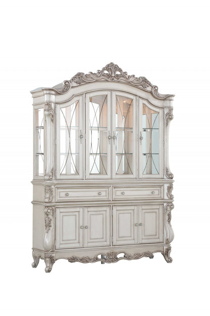 Antique White Wood Glass Mirror Hutch Sideboard