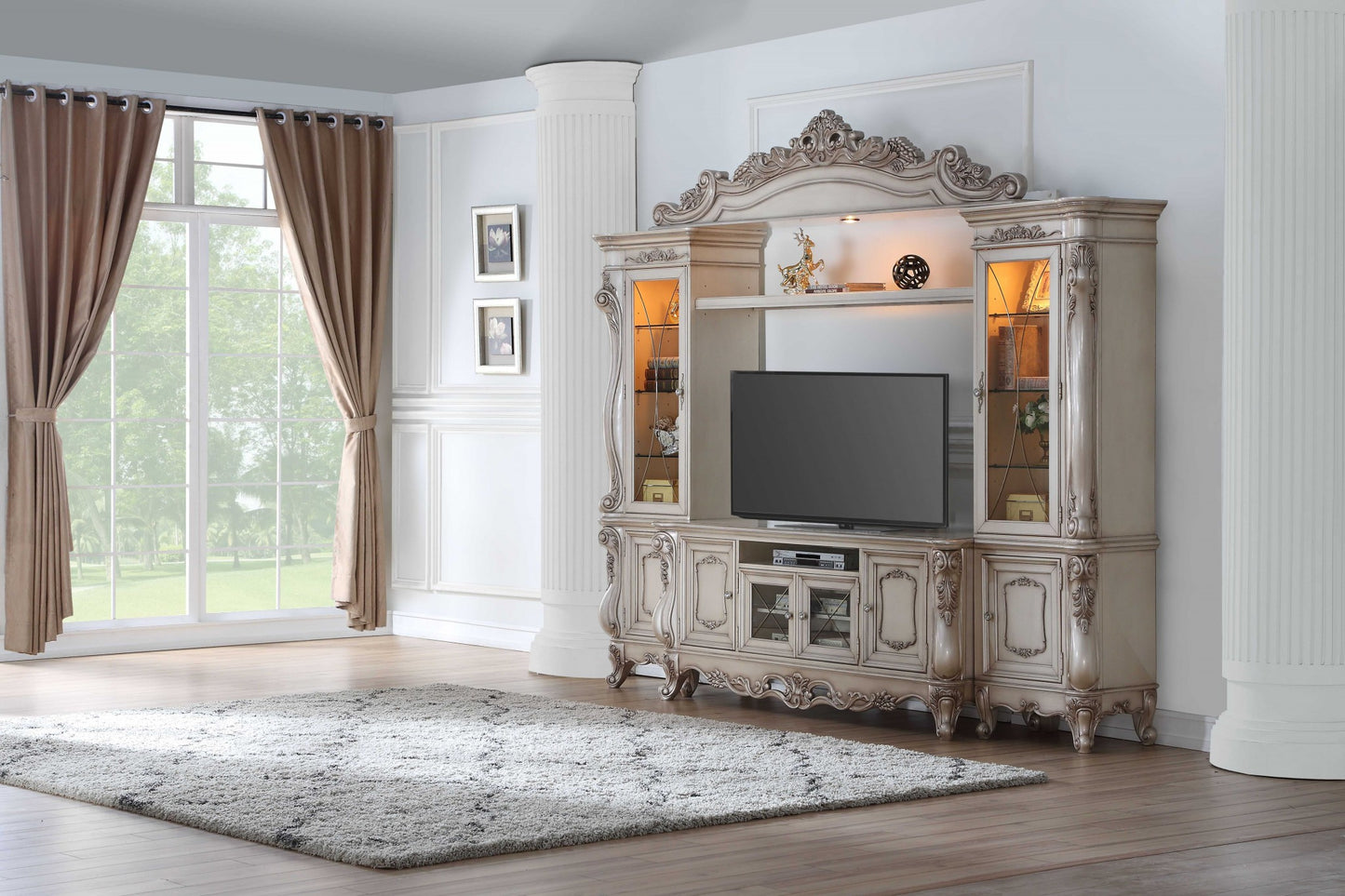 Antique White Wood Glass Media Console