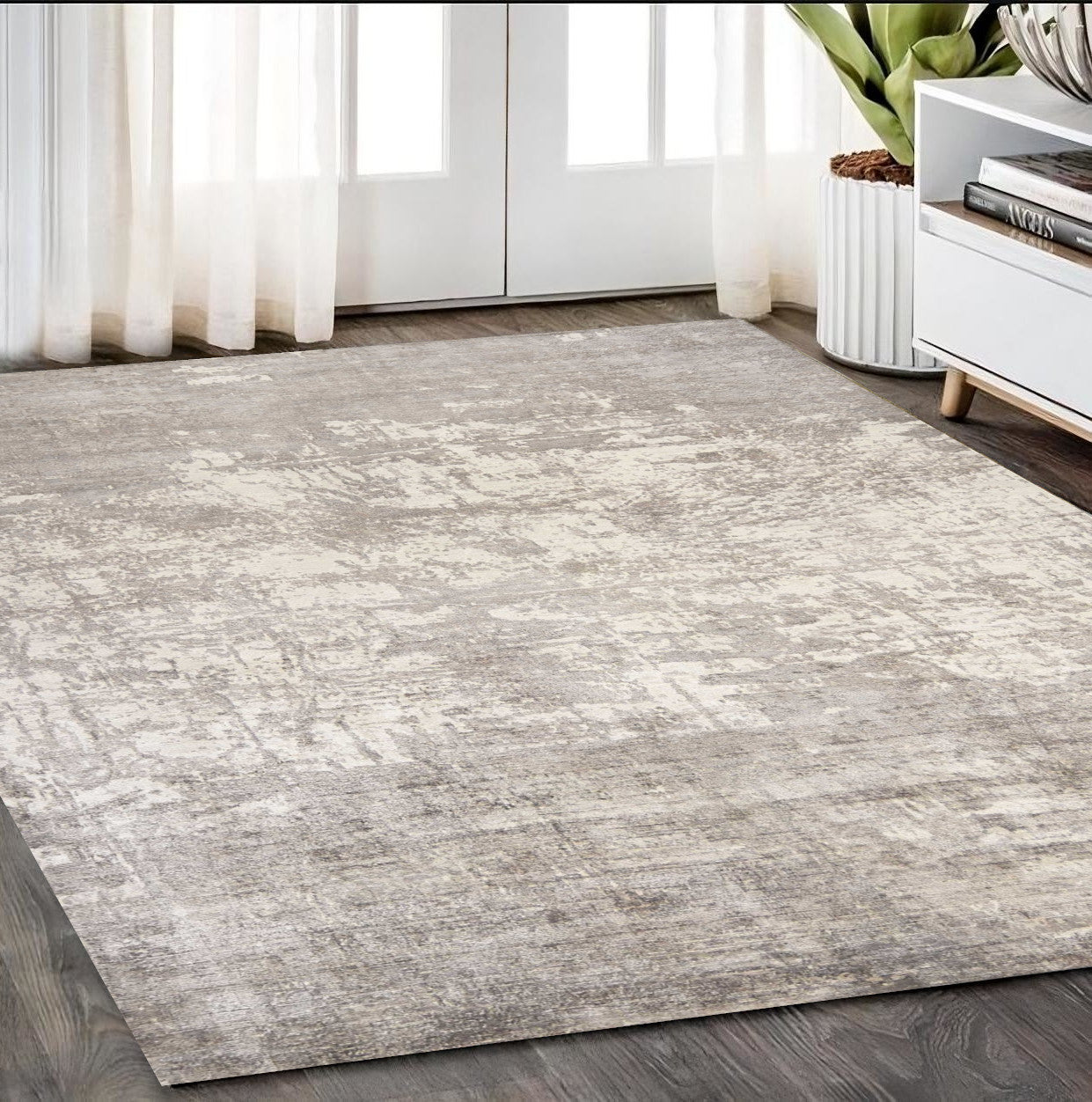 5 x 7 Beige Hand Loomed Brushstroke Indoor Rug