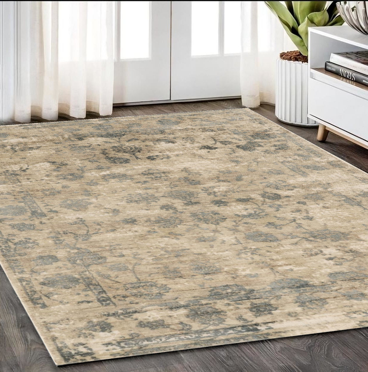 5 x 7  Viscose Sand Or  Blue Rug