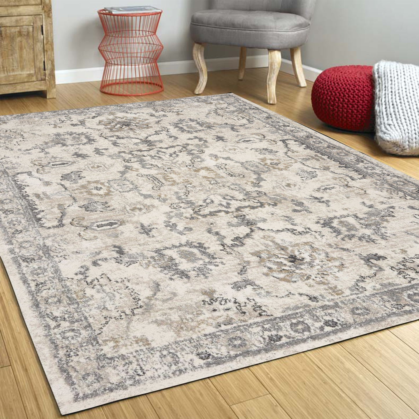 8 x 10 Ivory Machine Woven Distressed Floral Traditional Indoor Rug