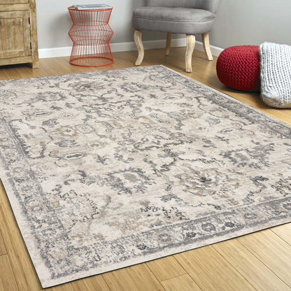 8 x 10 Ivory Machine Woven Distressed Floral Traditional Indoor Rug