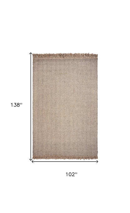 9 x 12 Oatmeal Beige Hand Woven Herringbone With Braided Fringe Indoor Rug