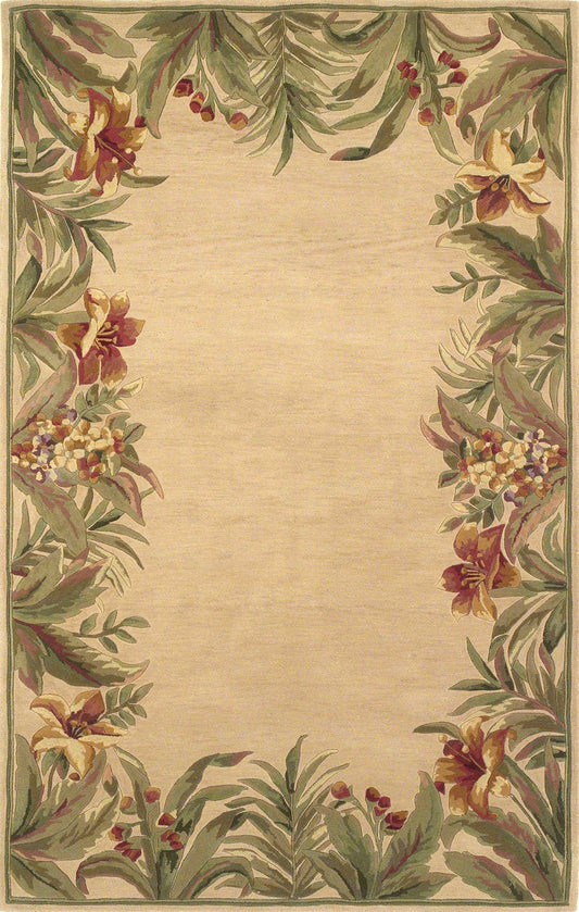 8 x 10 Ivory Hand Tufted Bordered Tropical Plants Indoor Rug