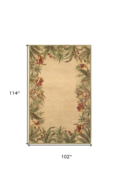 8 x 10 Ivory Hand Tufted Bordered Tropical Plants Indoor Rug
