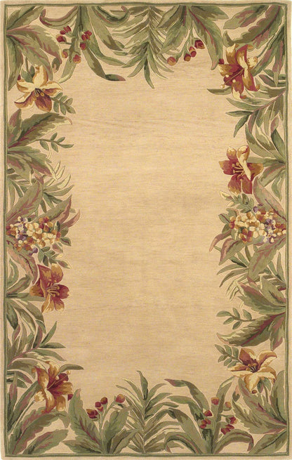 8 x 10 Ivory Hand Tufted Bordered Tropical Plants Indoor Rug