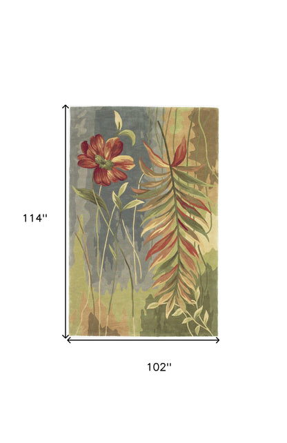 8 x 10 Blue Green Hand Tufted Tropical Plant Indoor Rug