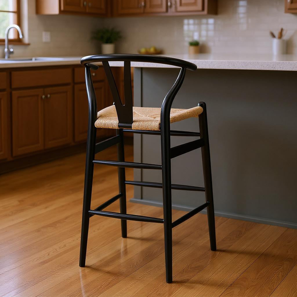 Natural & Black Solid Wood Low Back Counter Height Bar Chair