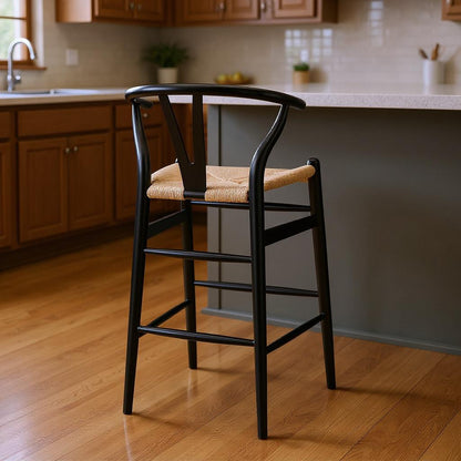 Natural & Black Solid Wood Low Back Counter Height Bar Chair