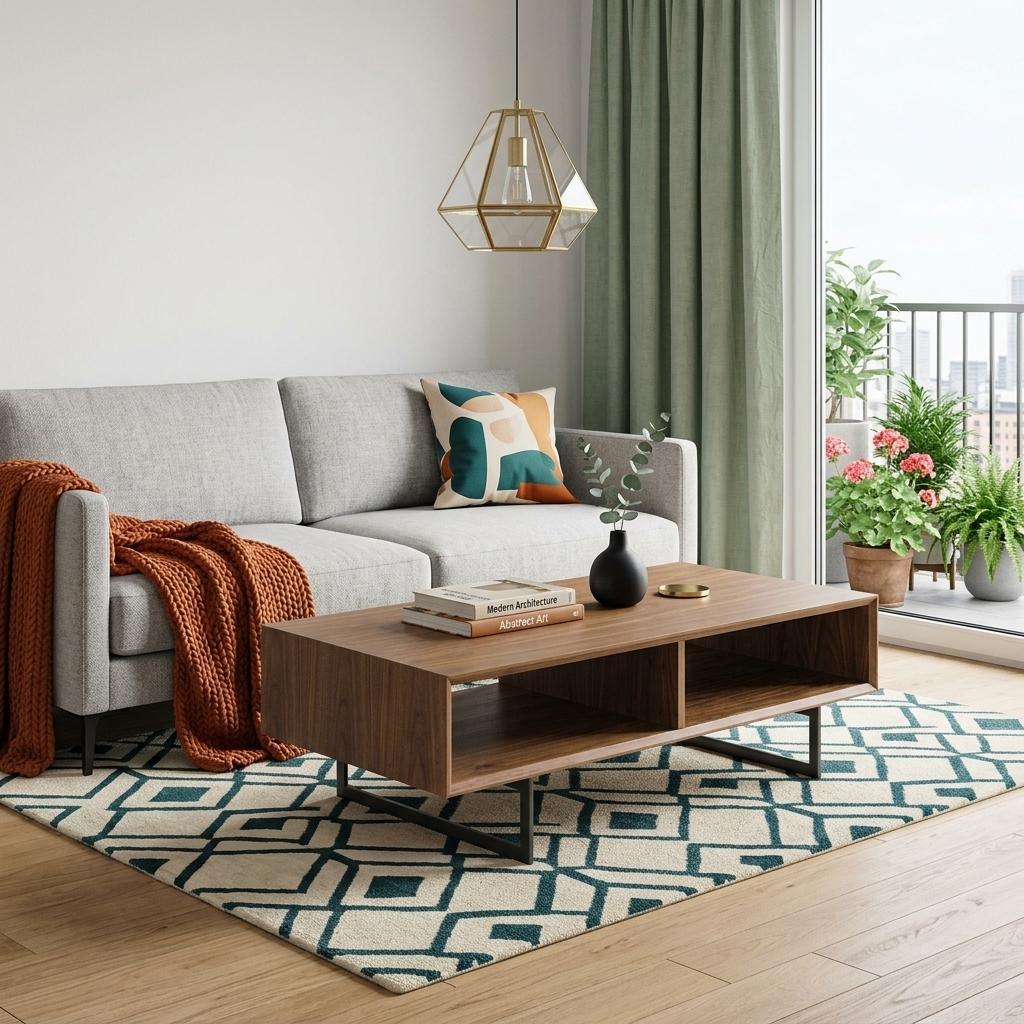 Brown & Black Wood & Metal Sled Coffee Table w/ 2 Shelves image 1