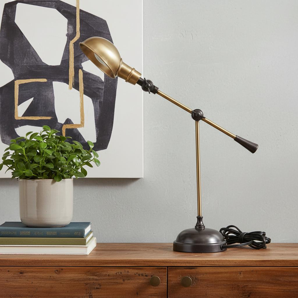 Black Adjustable Desk Table Lamp w/ Gold Bowl Shade