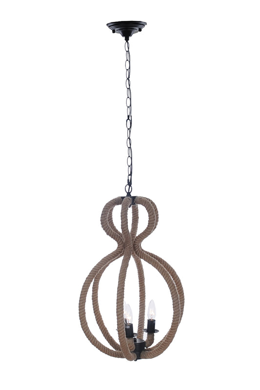 Natural & Black Iron & Rope 3 Light Ceiling Light