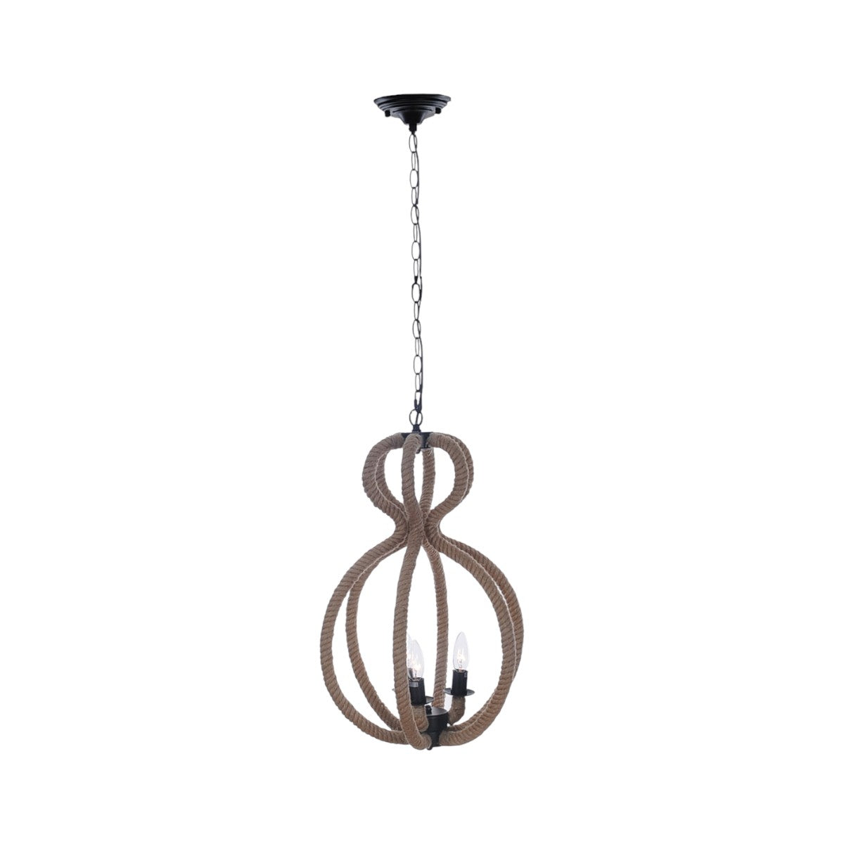 Natural & Black Iron & Rope 3 Light Ceiling Light
