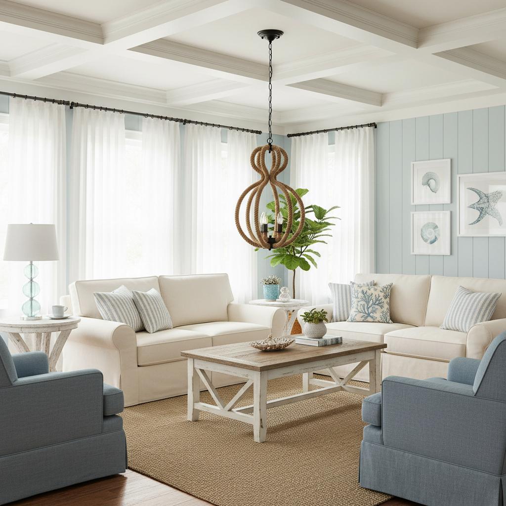 Natural & Black Iron & Rope 3 Light Ceiling Light