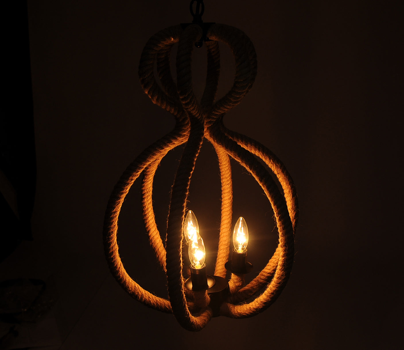 Natural & Black Iron & Rope 3 Light Ceiling Light