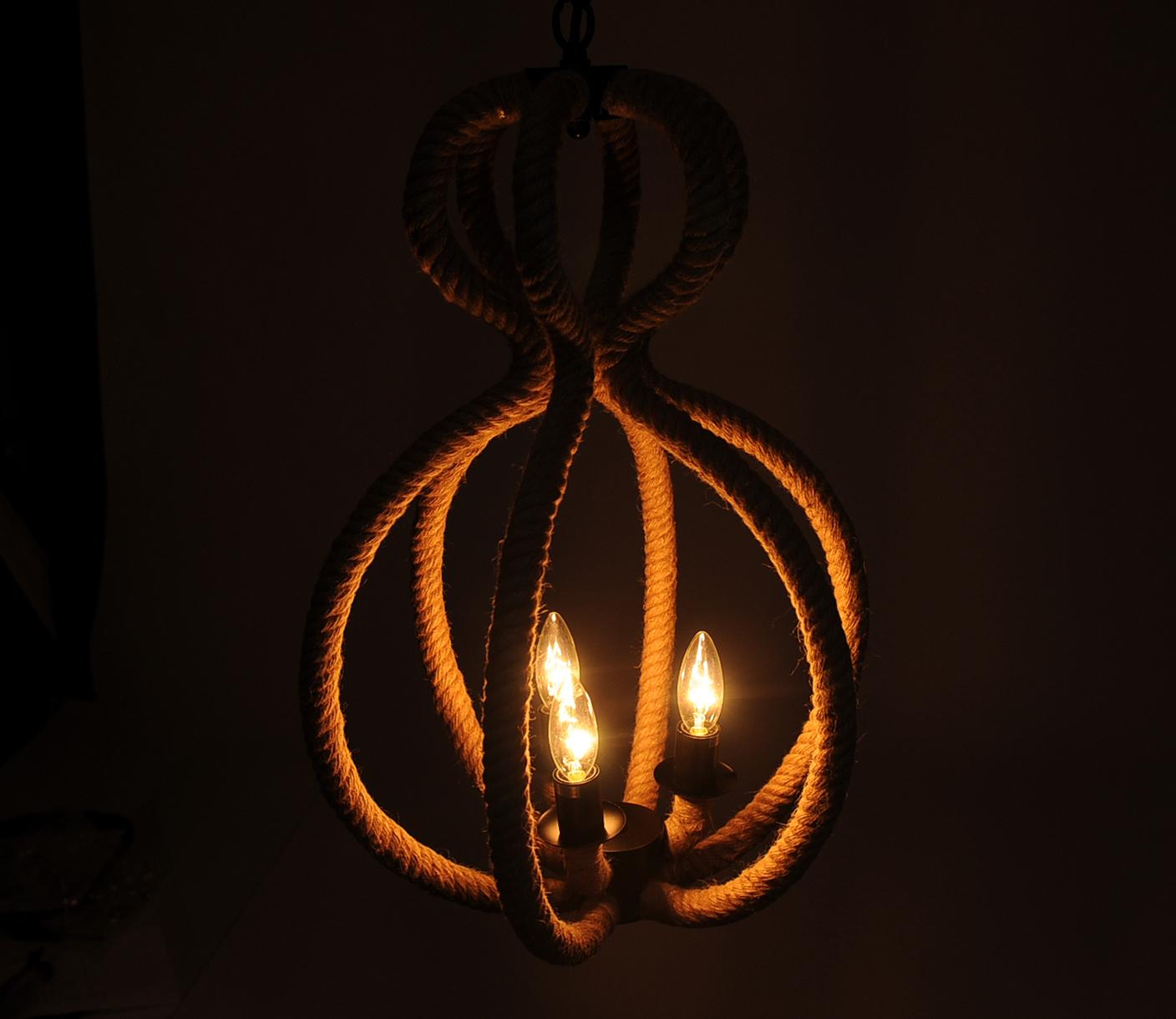 Natural & Black Iron & Rope 3 Light Ceiling Light