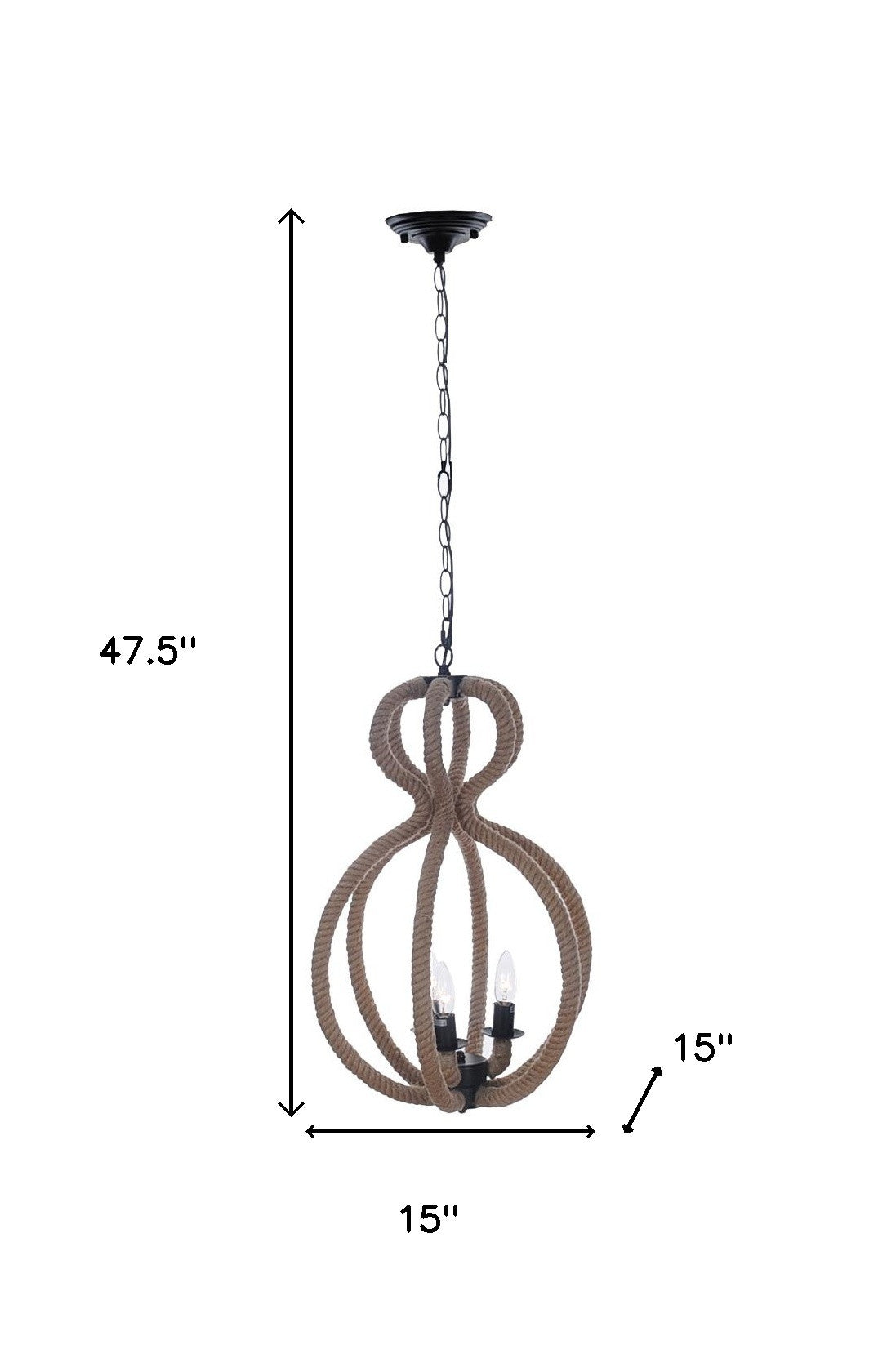 Natural & Black Iron & Rope 3 Light Ceiling Light