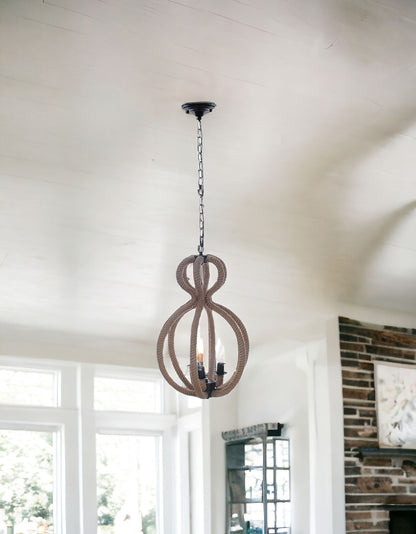 Natural & Black Iron & Rope 3 Light Ceiling Light