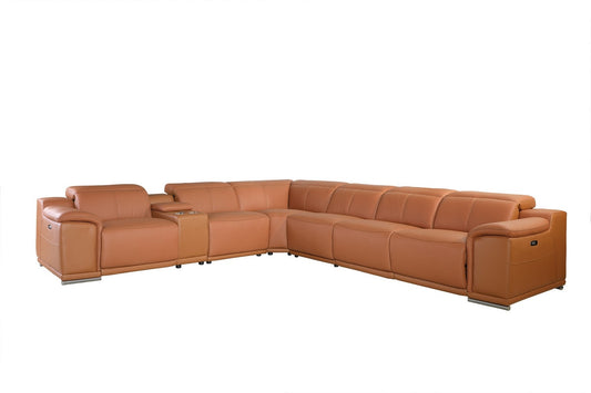 Camel Italian Leather U Shaped Seven Piece Sectional w/ Console