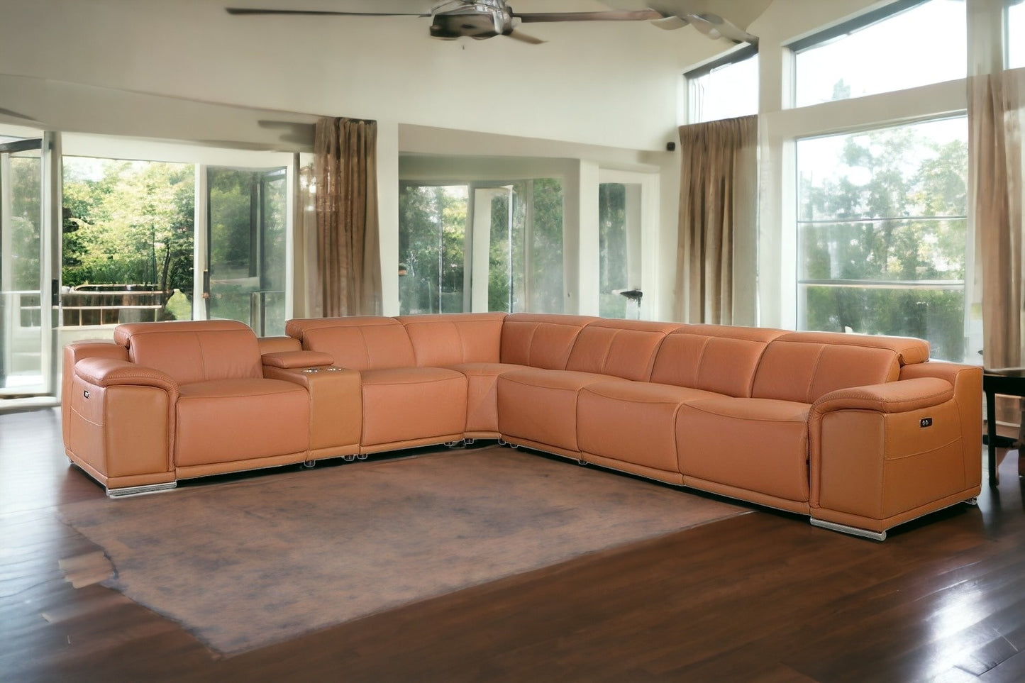 Camel Italian Leather U Shaped Seven Piece Sectional w/ Console