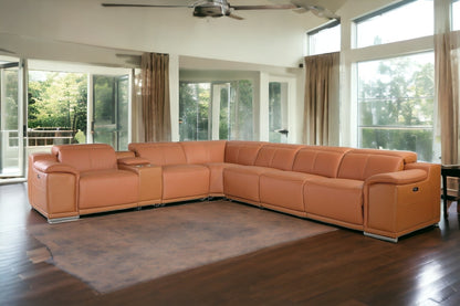Camel Italian Leather U Shaped Seven Piece Sectional w/ Console