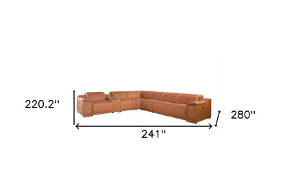 Camel Italian Leather U Shaped Seven Piece Sectional w/ Console