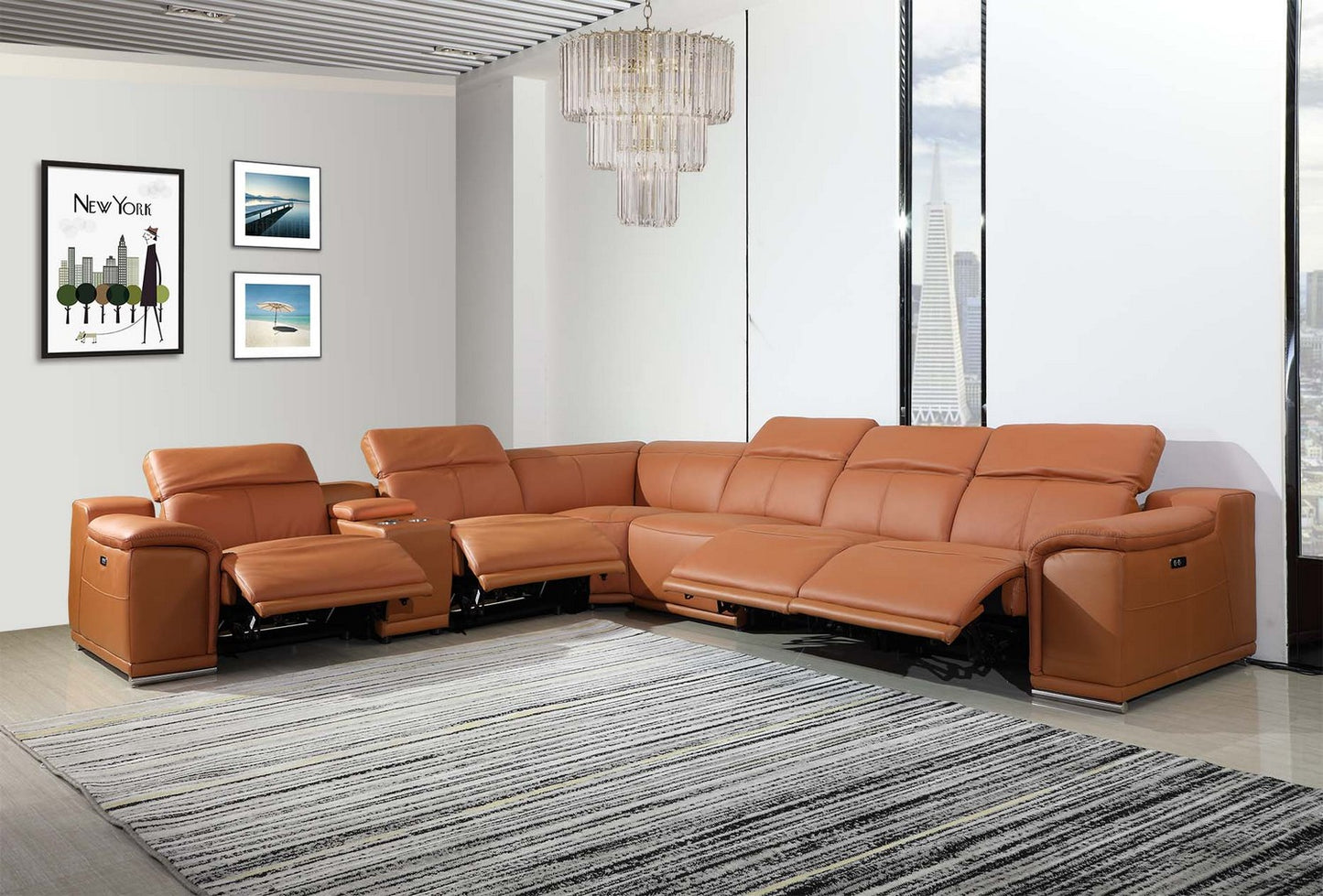 Camel Italian Leather U Shaped Seven Piece Sectional w/ Console