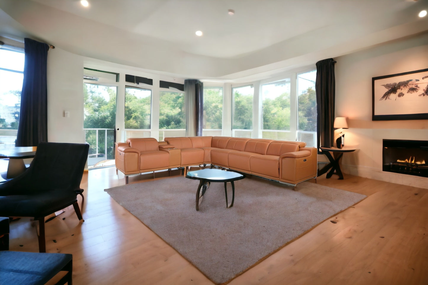 Camel Italian Leather U Shaped Seven Piece Sectional w/ Console