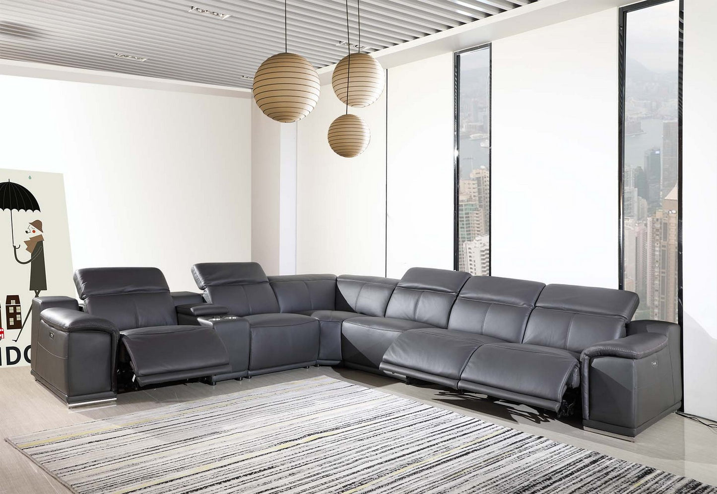 Gray Italian Leather U Shaped Seven Piece Sectional w/ Console