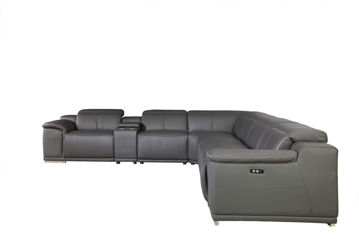 Gray Italian Leather U Shaped Seven Piece Sectional w/ Console