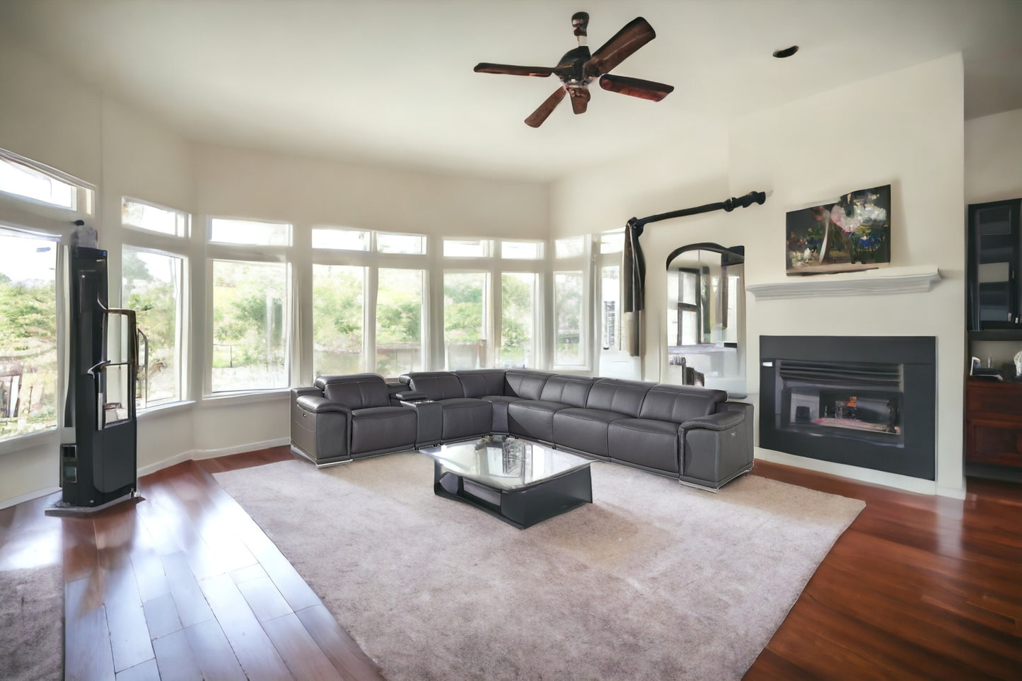 Gray Italian Leather U Shaped Seven Piece Sectional w/ Console